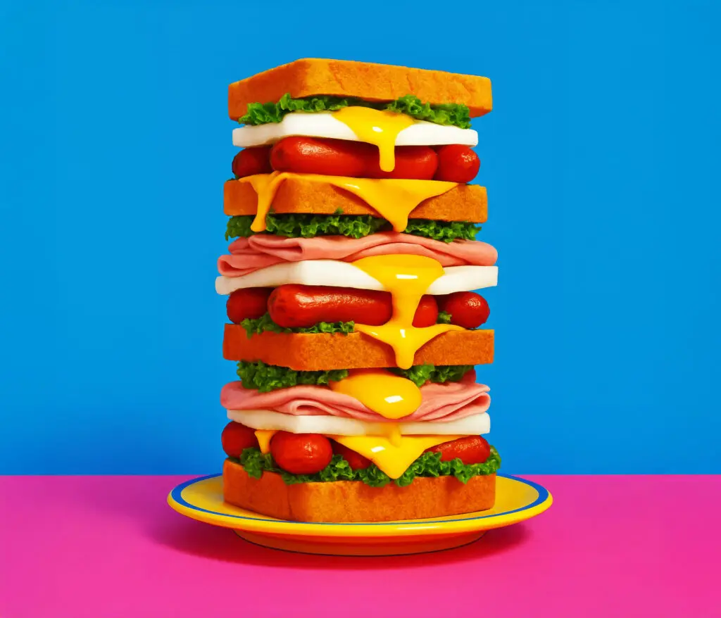 A triple layer sandwich jam packed with sausages, ham, eggs and salad representing the stacked growth that the data insight agency gives businesses.