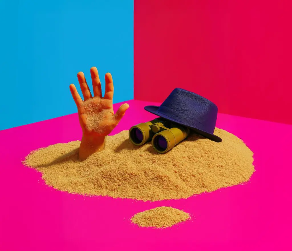 A hand raising up through sand, with binoculars and a hat on the top of the sand representing how the google ads agency can help you to get seen.