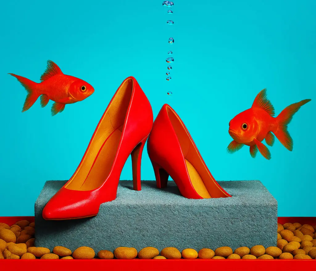 Two goldfish swimming around a pair of red heeled shoes that have sunken into foam in water, a playful representation of the display advertising agency brand.