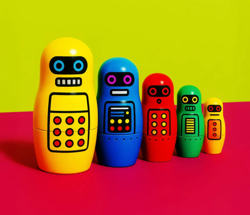 Nesting Russian style dolls, painted as robots, representing how bespoke digital marketing training​ can support all types of people.