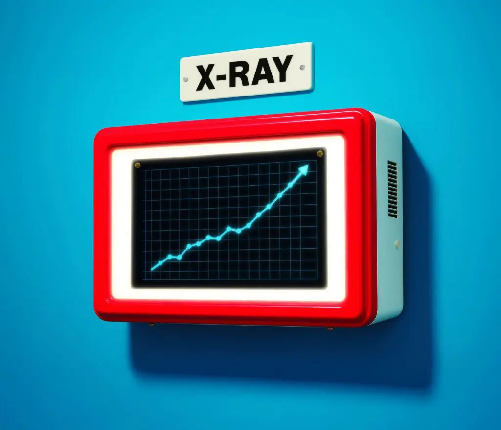 A cream and red rectangle screen with the word 'X-ray' above it, displaying a blue arrow in an upward trend representing paid social agency results.
