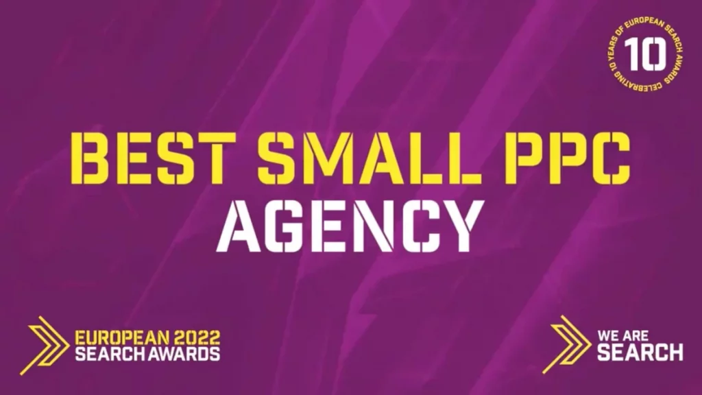 Best Small PPC Agency Award on Purple Background, European Search Awards