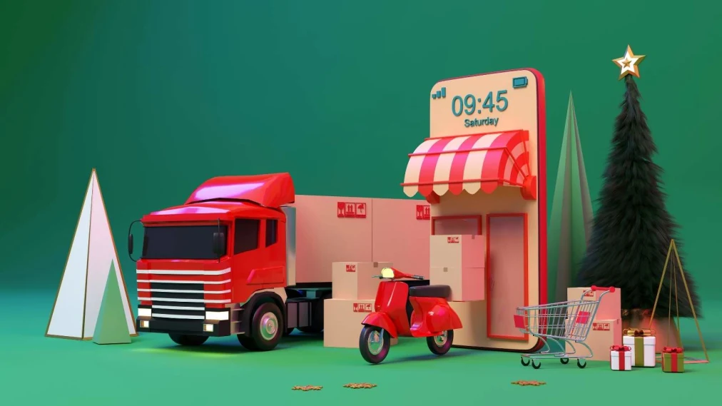 Cartoon shopping scene with trolley, moped, store front and boxes