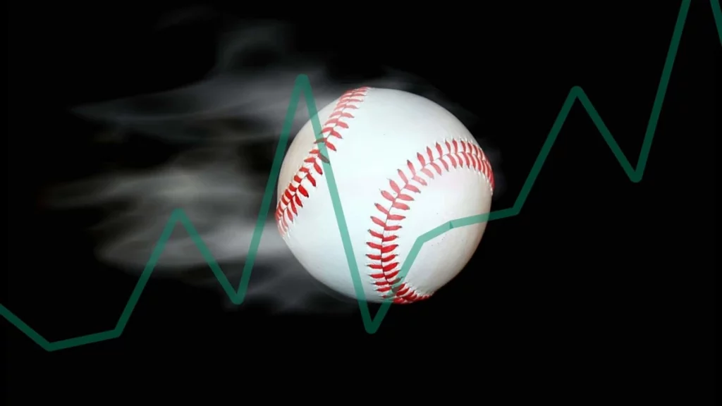 Baseball flying through air on black background with green graphline overlay