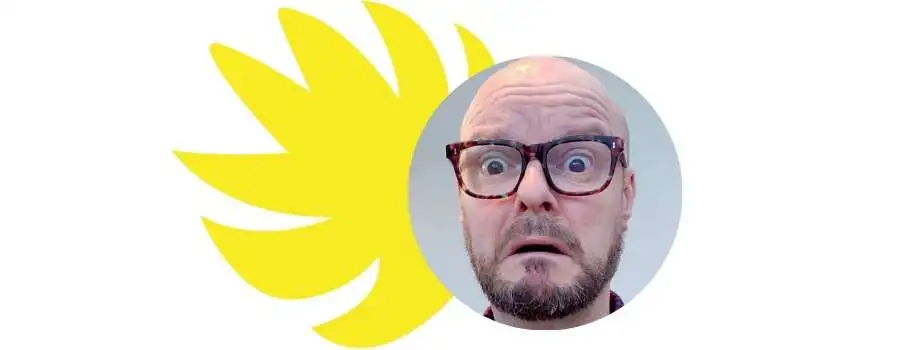 Man with shocked face, bald head and glasses in a circle frame with yellow flower detail
