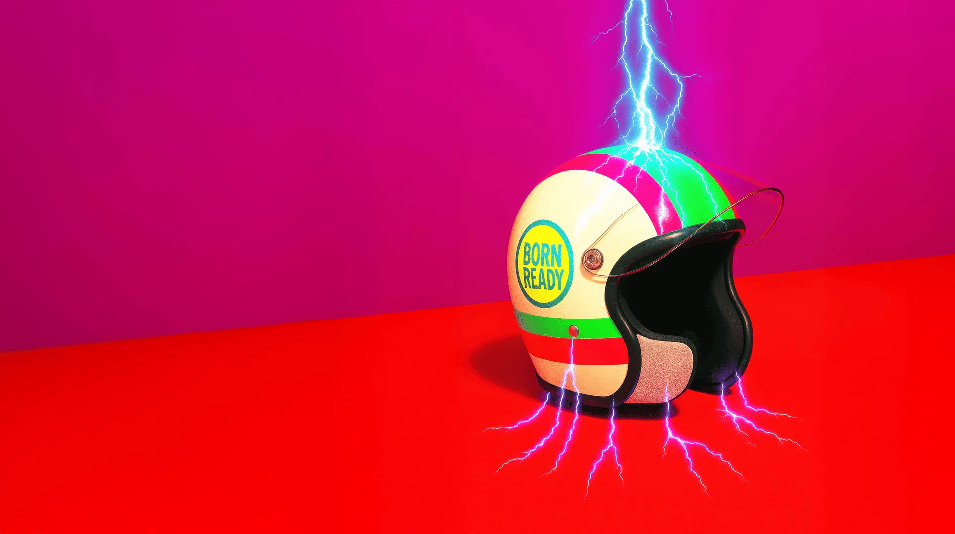 A cream helmet with bright green and pink stripes that has a circular sticker on it that says 'born ready.' The helmet is being struck by lightning representing the power of the paid media agency.