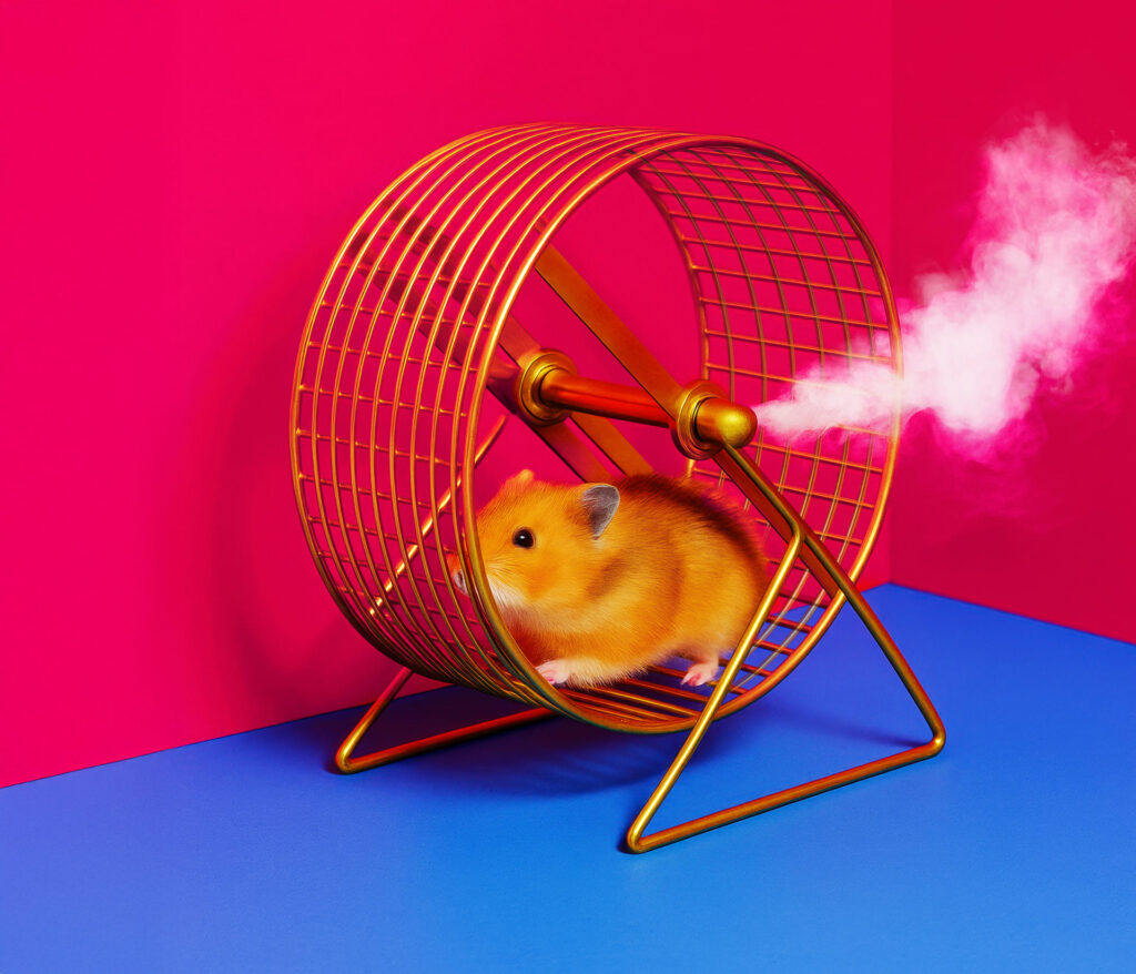 A hamster running on a wheel that is starting to smoke, representing the power of performance content.