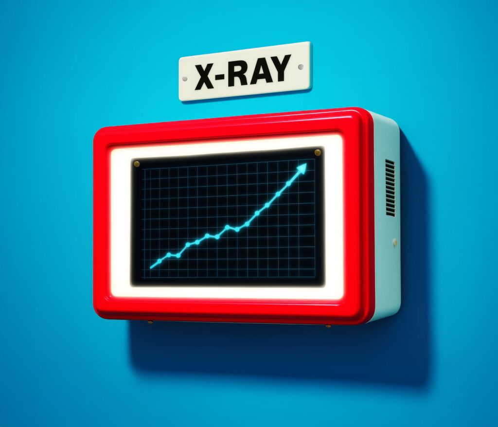 A cream and red rectangle screen with the word 'X-ray' above it, displaying a blue arrow in an upward trend representing paid social agency results.
