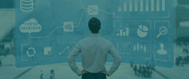 Image is decorative and shows a man looking at various charts