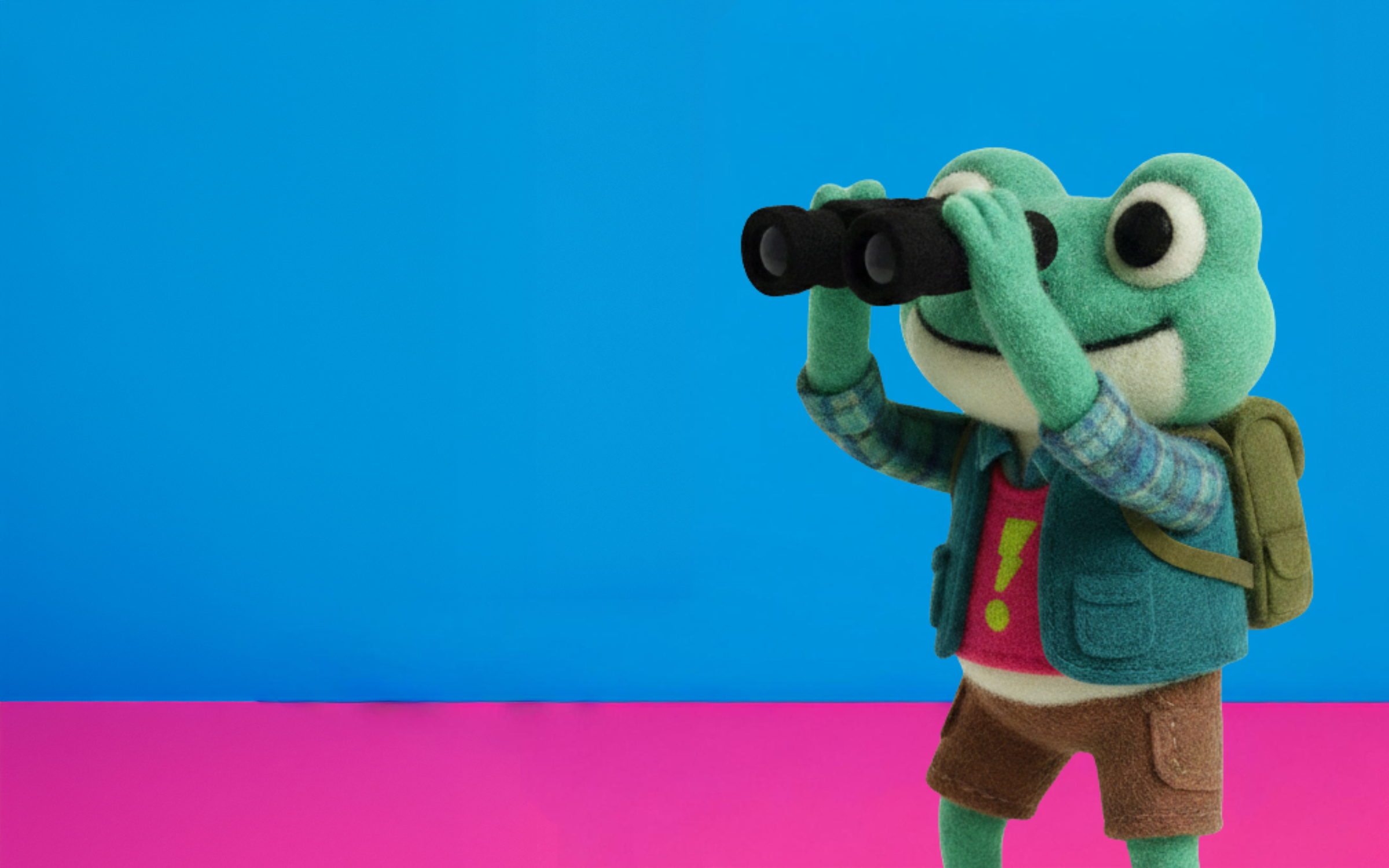 A fluffy frog is looking through binoculars