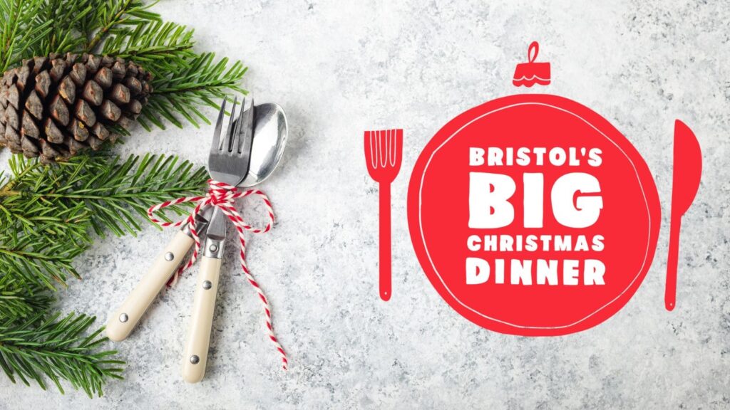 Bristol's Big Christmas Dinner logo on a festive background with cutlery