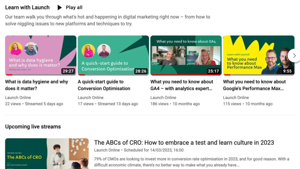 A screenshot of Launch's YouTube channel, including the Learn with Launch playlist