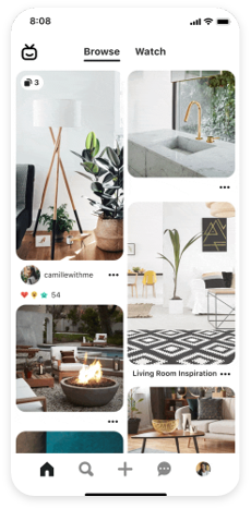 Image shows a Pinterest feed with different shots of interiors. 