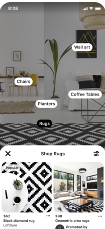 Image shows a shot from the interiors Pinterest feed, within the image different homewares have been highlighted and a banner at the bottom says 'Shop rugs' with display ads beneath which match the rug in the picture.