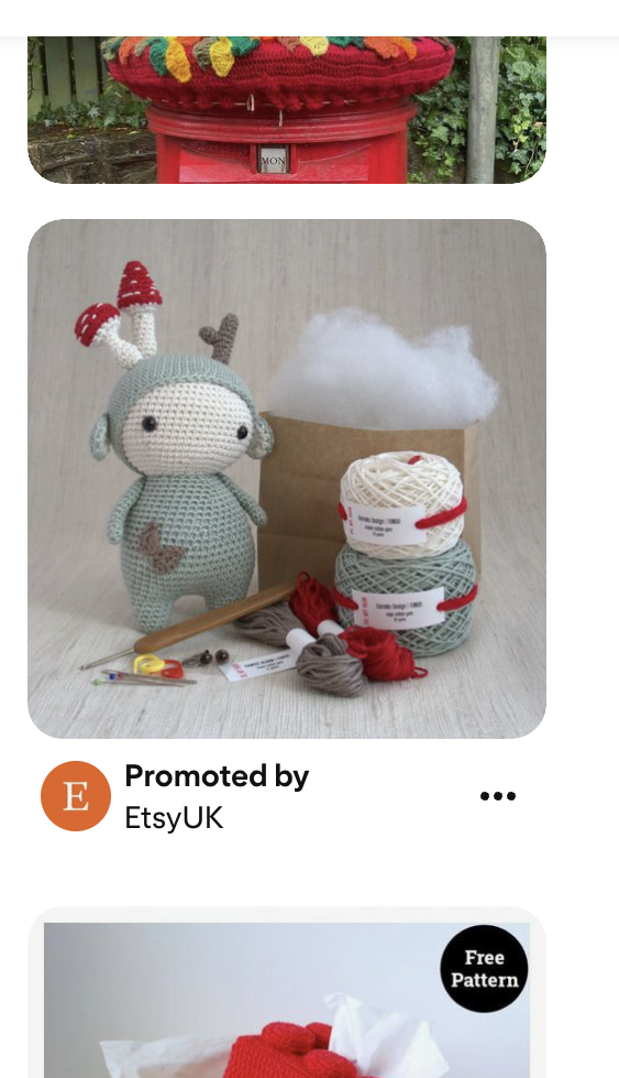 Image shows a display ad from Etsy UK which contains a crochet kit for a quirky looking stuffed toy with mushrooms on its head. 