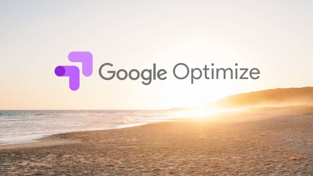 The google optimize logo over a beach sunset